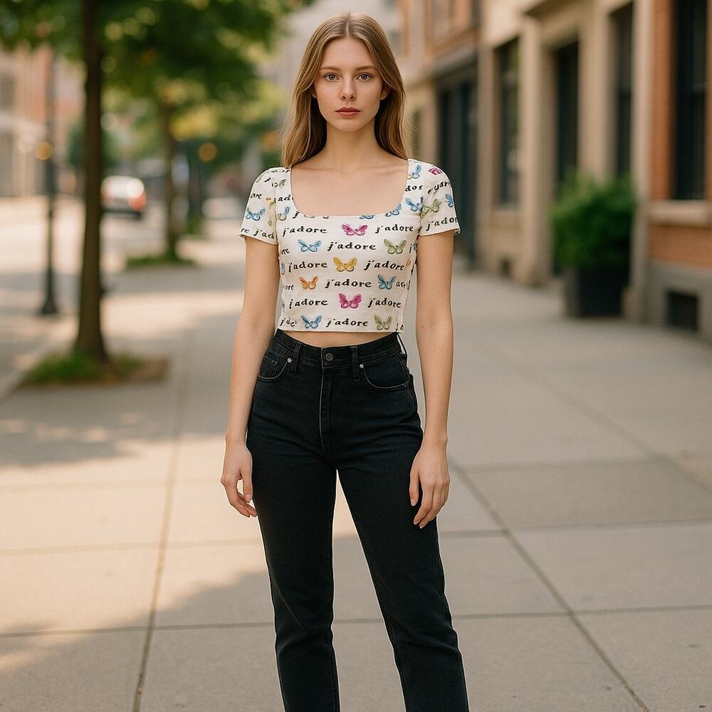 Forever 21 Womens Top Sz M White Print Butterflies J'Adore I Love French Crop